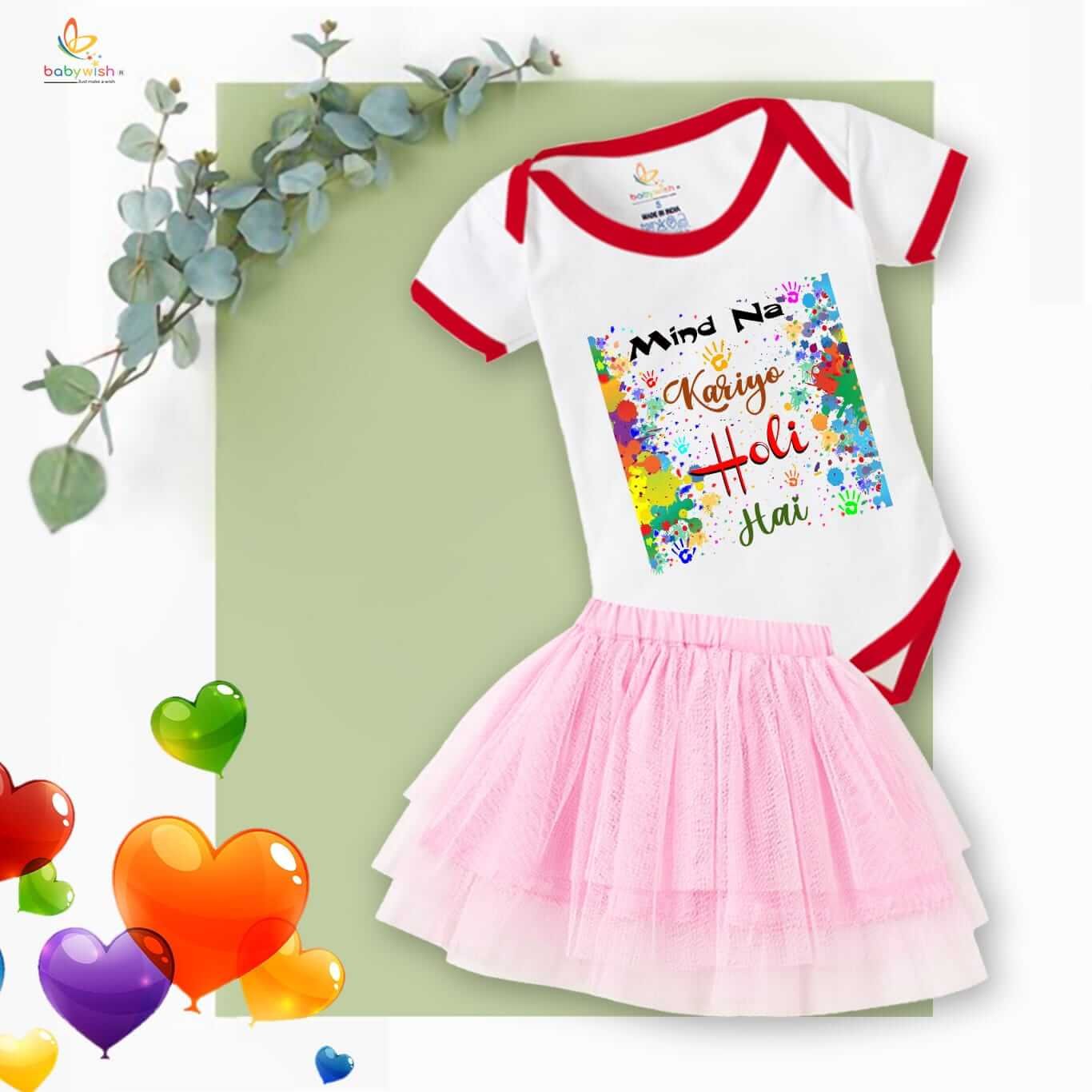 Newborn Girl’s Tutu Skirt & Romper | Holi Print Onesies Bodysuits | Baby 0–3 Months Outfit | Soft, Comfortable, Breathable Dress for Festivals, Parties & Everyday Wear