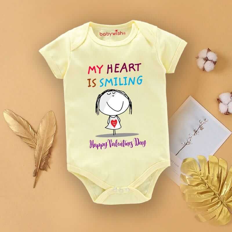 Baby First Valentine’s Day Romper Clothes | Baby Valentine Bodysuits | Newborn Outfit Envelope Neck Half Sleeve Unisex Onesies “My Heart is Smiling” | Cute Baby Gift Romper for Boys & Girls