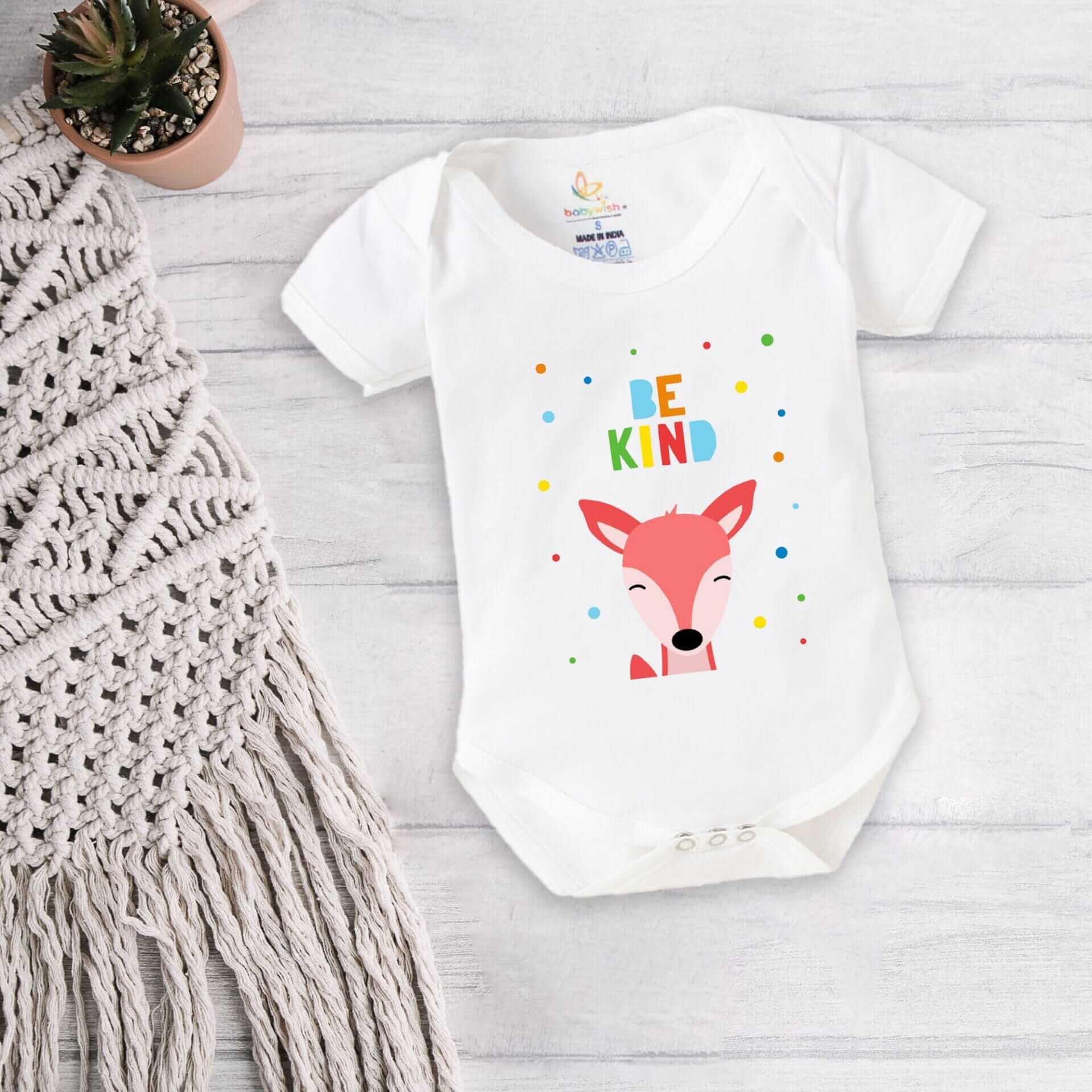 Baby First Birthday Celebrations Romper Clothes Baby Newborn Bodysuits Outfit Envelop Neck Half Sleeve Unisex Onesies "Be Kind Deer Print"