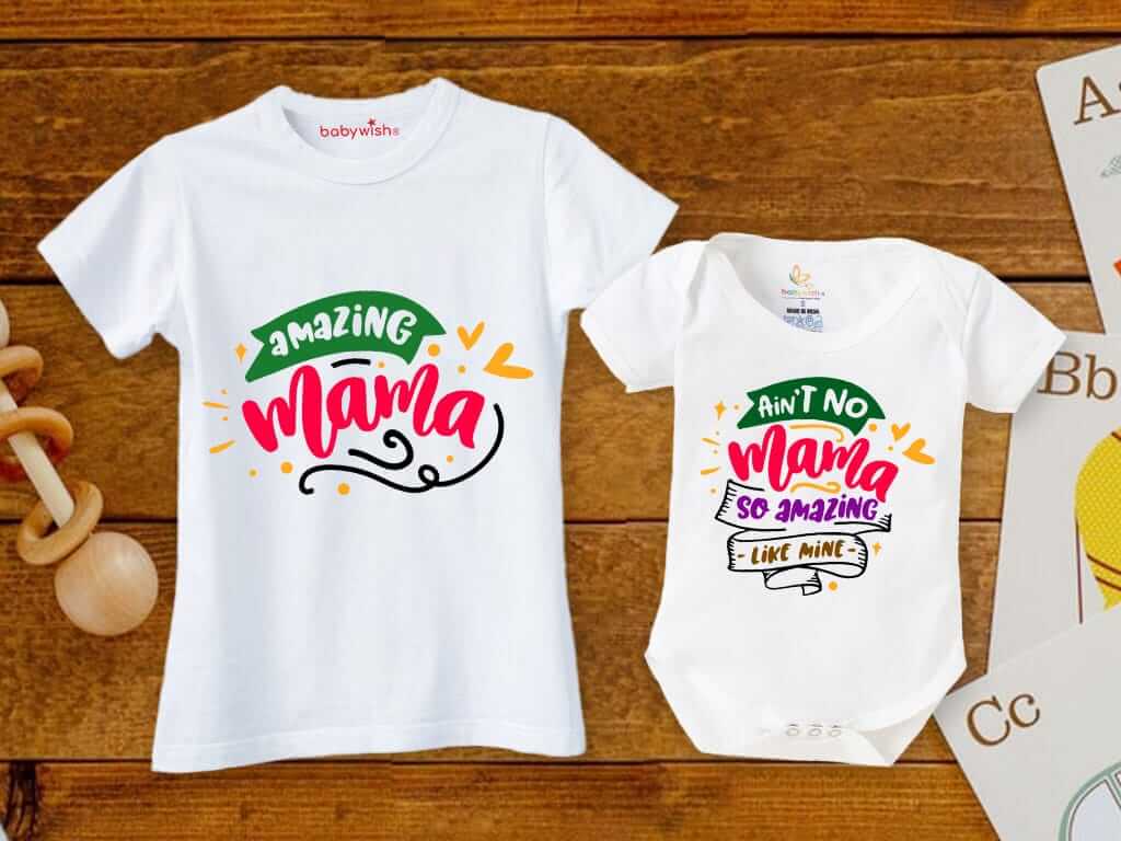 Mothers Day Special Combo White T-Shirts and Romper Sets for Mother and baby Combo Pack of 2