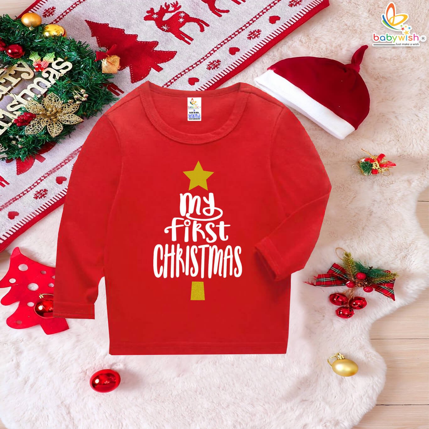 Baby Soft Cotton Christmas Glitter T-Shirt – My First Christmas Soft Cotton Full Sleeve Tee for Boys & Girls | Christmas Glitter Tree Print | White-Black & Red-White | Babywish