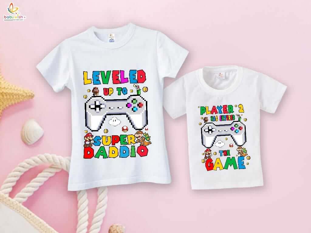 Fathers Day Special Combo White T-Shirts Sets for Father and KId Combo Pack of 2 | Leveled Up to SUPER DADDIO |