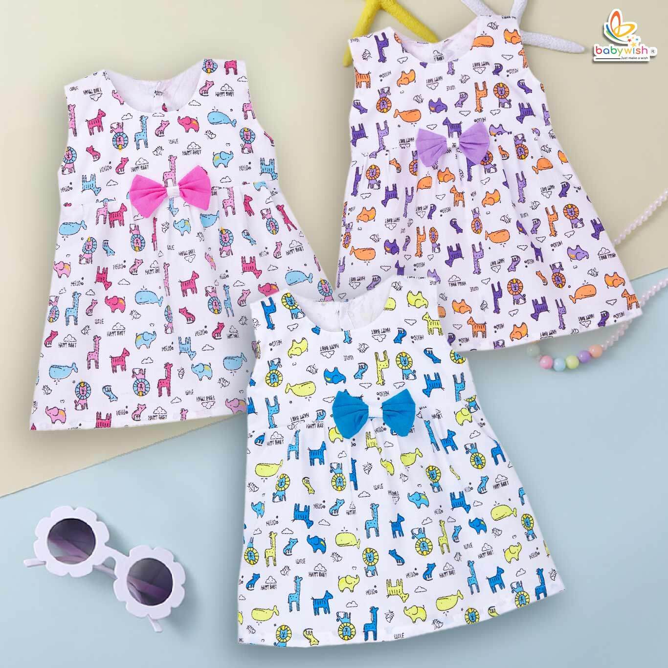 Babywish Baby Girl Cotton Frock Newborn Girl Knee Length Sleeveless Dress Theme Printed
