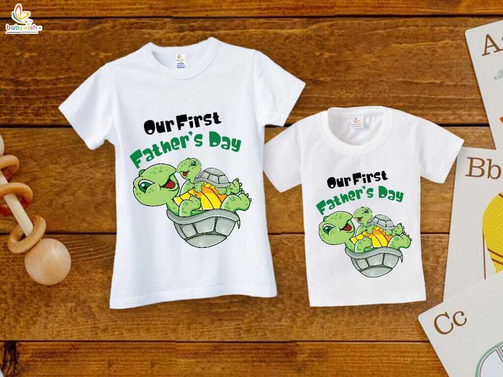 Fathers Day Special Combo White T-Shirts Sets for Father and KId Combo Pack of 2 | Our First Father's Day Tortoise Print|