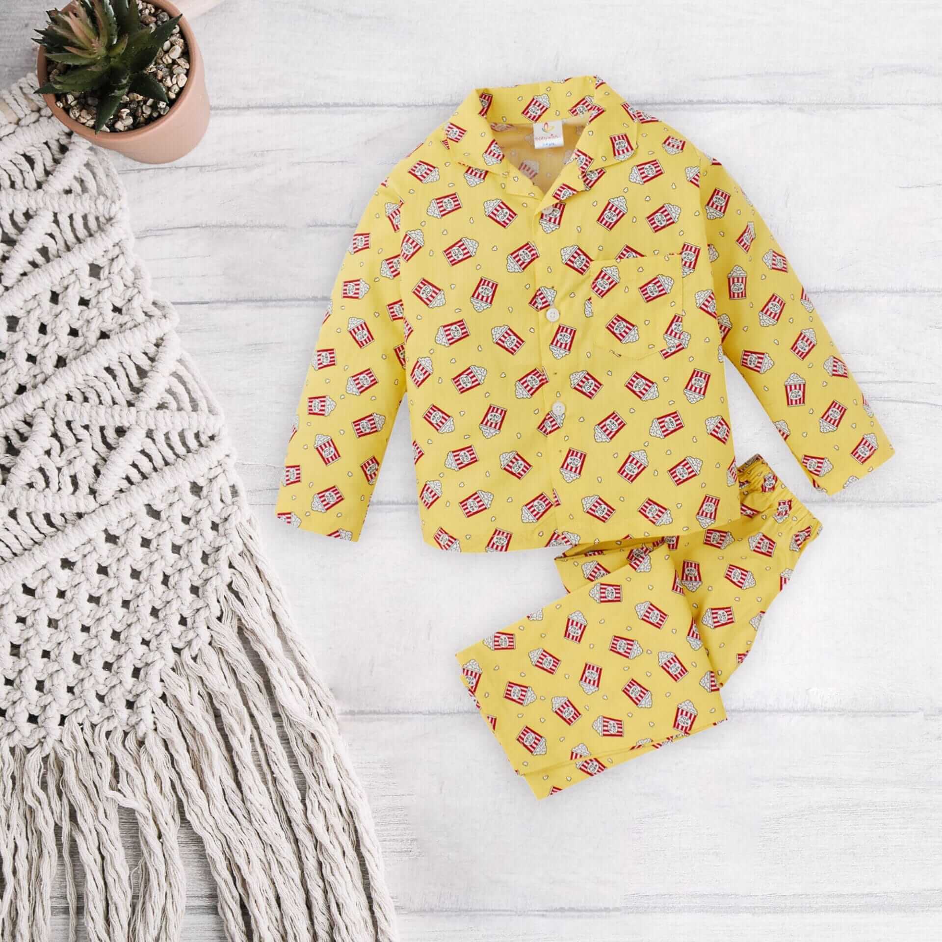 Kids Sleepsuit for Baby Boy’s and Girl’s Topwear and Pajamas Set Long Sleeve Sleepwear Baby Clothing Sets - Yellow Popcorn Print
