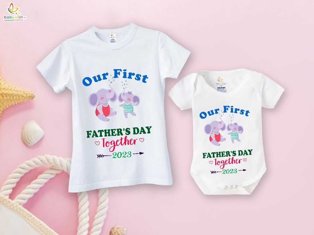 Fathers Day Special Combo White T-Shirts and Romper Sets for Father and baby Combo Pack of 2 | Our First Father's Day Together 2023 Elephant Print |