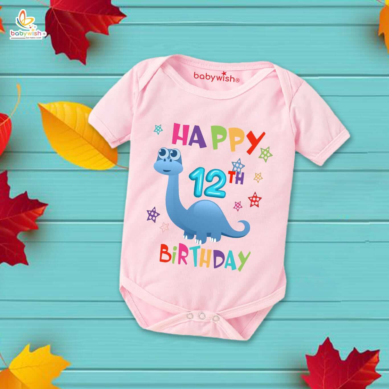 Happy 12th Month Birthday Baby Romper Cute Dinosaur Print Cotton Onesie for Boys & Girls Soft Breathable Baby Bodysuit Outfit White Pink Lemon Red Sea Green 9-12 Months Babywish