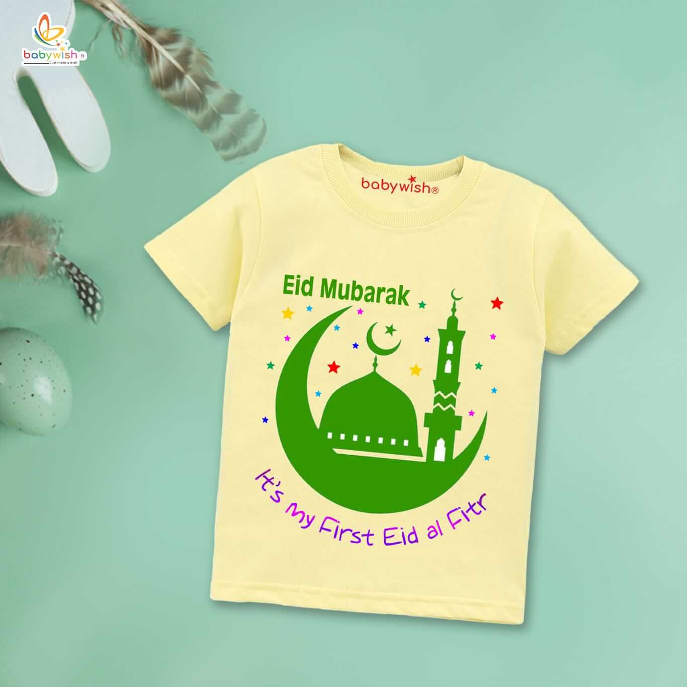 Eid T-shirt for Kids Unisex Ramadan Topwear Outfit Printed Half Sleeve Tshirt Dress for Boy n Girl " My First Eid-al-Fitr "