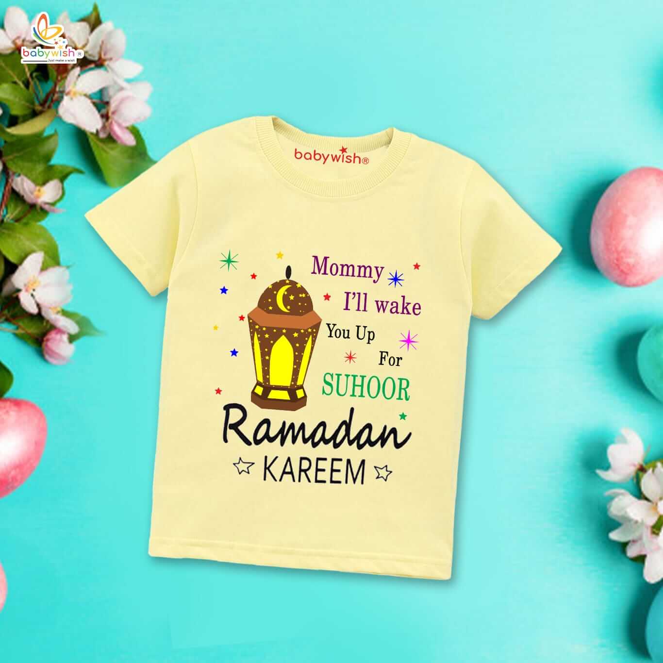 Eid T-shirt for Kids Unisex Ramadan Topwear Outfit Printed Half Sleeve Tshirt Dress for Boy n Girl " Mommy I'll Wake You up for Suhoor "