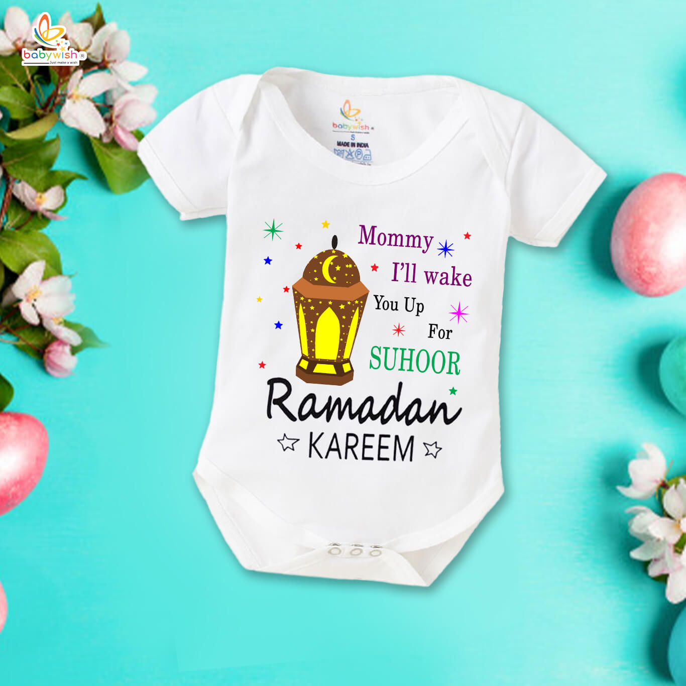 Baby First Eid Romper Clothes Baby Ramadan festival Bodysuits Newborn Outfit Envelop Neck Half Sleeve Unisex Onesies " Mommy I'll Wake You up for Suhoor "
