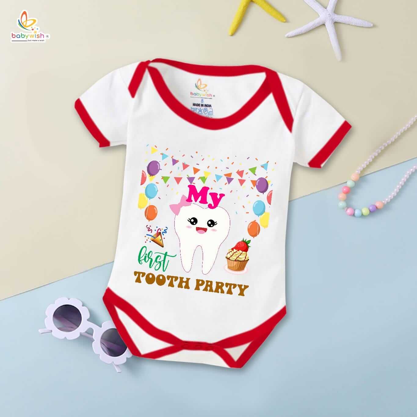 Babywish First Tooth Romper Clothes My First Tooth Bodysuits My First tooth party ribbon print