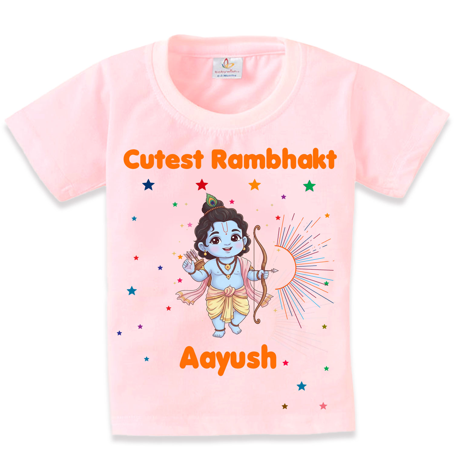 Cutest Rambhakt Baby Kids T-Shirt with Custom Name Cute Lord Ram Cartoon Print Cotton T-Shirt for Boys & Girls Ram Navami Festival Kids Outfit Age 6-12 Months or 1-12 Years Color White, Pink, Sea Green, Lemon, Black – Babywish - Image 9