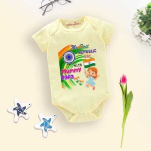Babywish My First Republic Day with Mummy Papa Printed Baby Romper Bodysuit Light Yellow Color 0-12 Months Soft Cotton Newborn Baby Wear Patriotic Outfit | Babywish