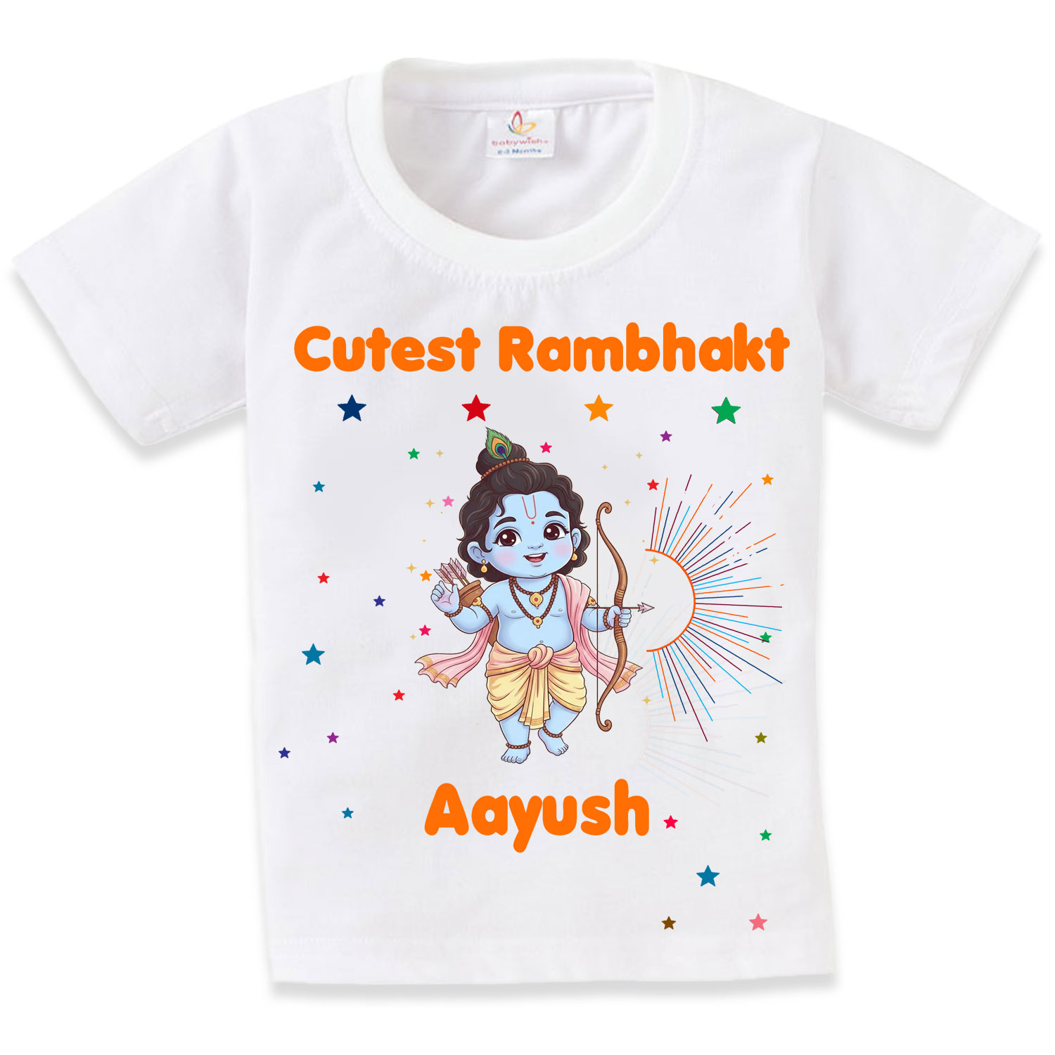 Cutest Rambhakt Baby Kids T-Shirt with Custom Name Cute Lord Ram Cartoon Print Cotton T-Shirt for Boys & Girls Ram Navami Festival Kids Outfit Age 6-12 Months or 1-12 Years Color White, Pink, Sea Green, Lemon, Black – Babywish - Image 3
