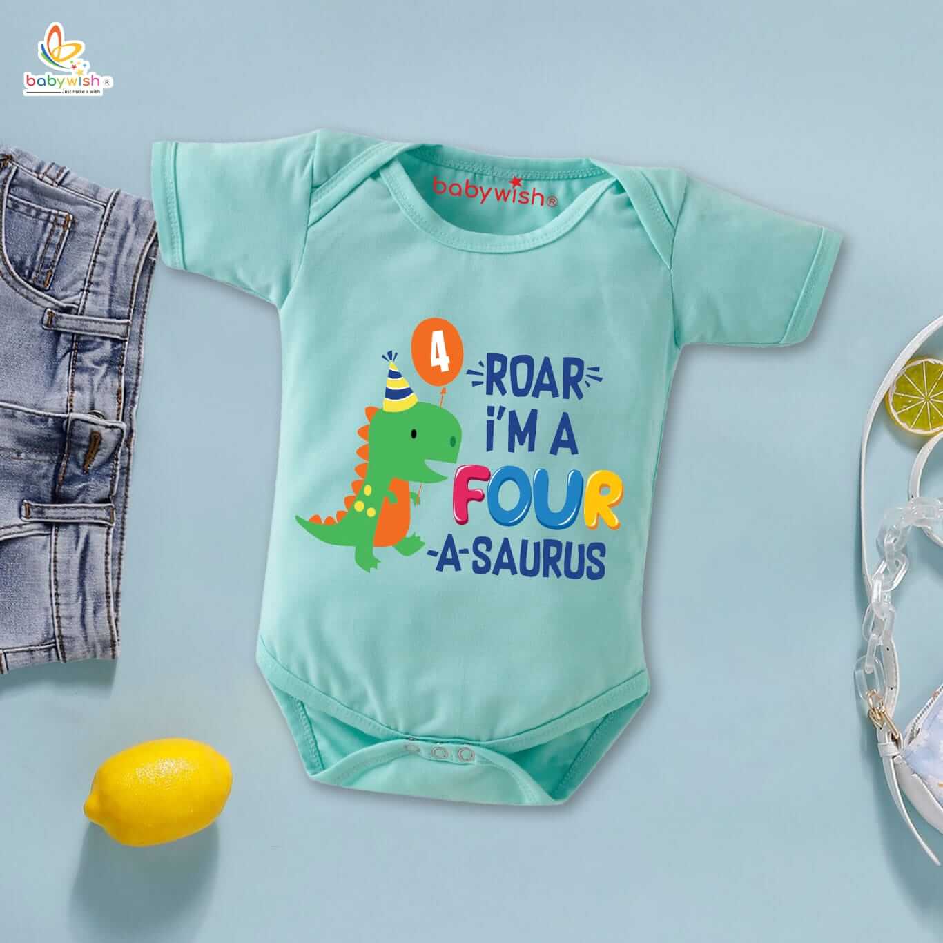 Babywish Dinosaur 4th Birthday Baby Romper – Roar I’m A Four-A-Saurus Printed Half Sleeve Cotton Onesie for Boys & Girls - Image 3