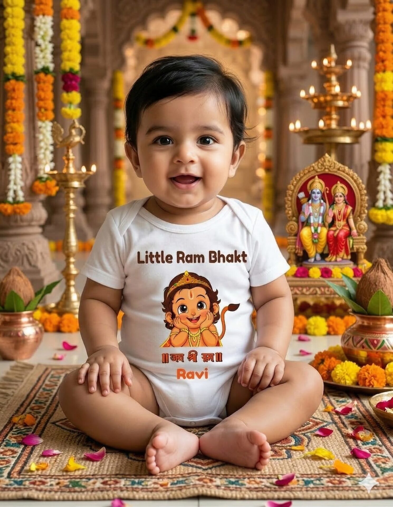Ram Lalla Janmdin Baby Romper Custom Name Avyukt Cute Lord Ram Cartoon Print Soft Cotton Baby Onesie Festival Wear for Boys & Girls White | Babywish | Age 6-12 Months