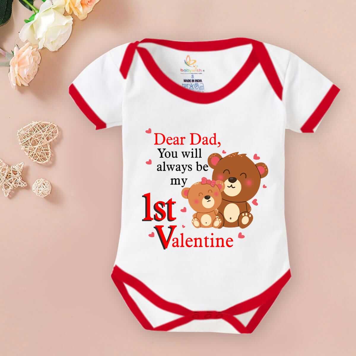Baby First Valentine Day Romper Clothes Baby valentine Bodysuits Newborn Outfit Envelop Neck Half Sleeve Unisex Onesies"Dear Dad is my First Valentine"