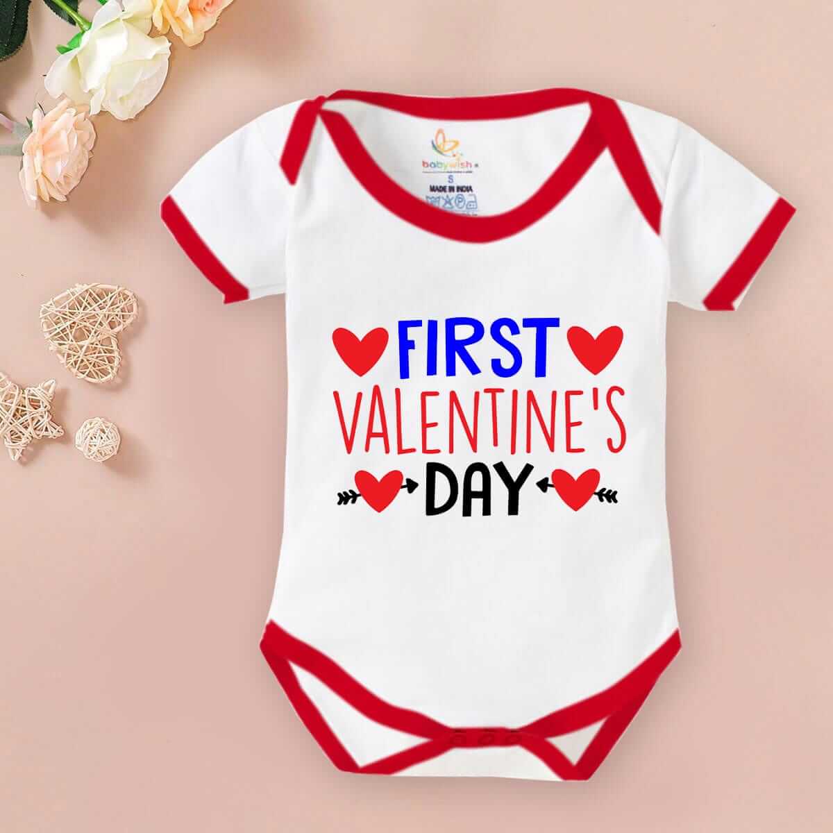 Baby First Valentine Day Romper Clothes Baby valentine Bodysuits Newborn Outfit Envelop Neck Half Sleeve Unisex Onesies"First Valentine Heart"