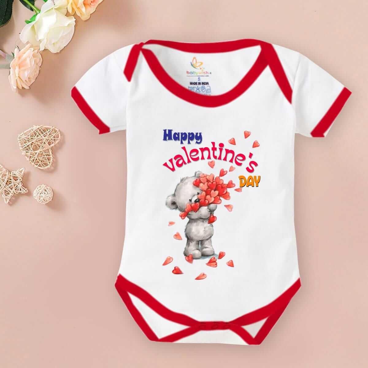Baby First Valentine’s Day Romper Clothes | Baby Valentine Bodysuits | Newborn Outfit Envelope Neck Half Sleeve Unisex Onesies “Valentine Day Red Heart” | Cute Gift for Boys & Girls