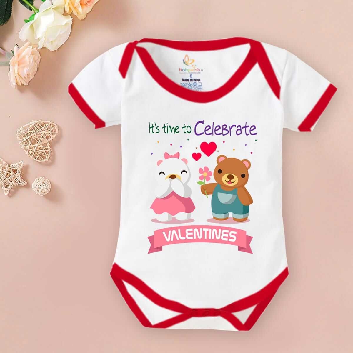 Baby First Valentine’s Day Romper Clothes | Baby Valentine Bodysuits | Newborn Outfit Envelope Neck Half Sleeve Unisex Onesies “Time to Celebrate Valentine” | Cute Gift Romper for Boys & Girls