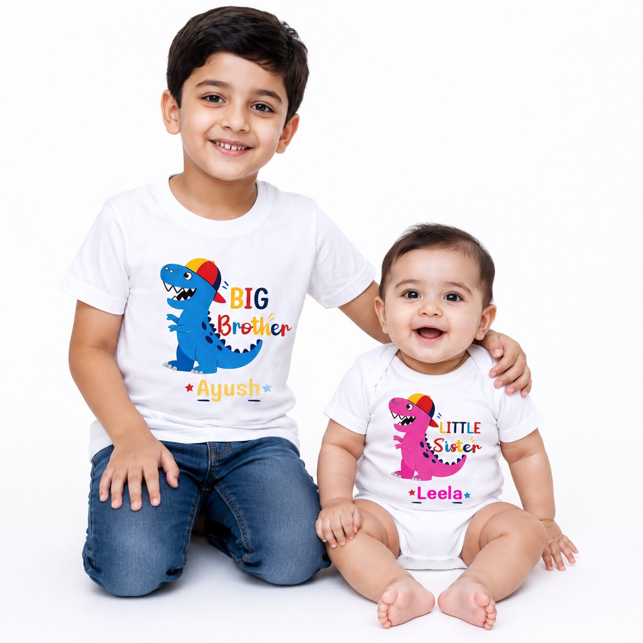 Personalized Big Brother Little Sister Matching T-Shirt & Romper Set | Custom Name Dinosaur Sibling Outfit | Cotton Kids & Baby Combo | Age 6-12 Months or 1-12 Years | Color White, Pink, Sea Green, Lemon or Black | Babywish