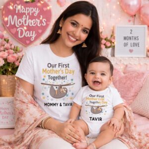 mothers day mom baby matching outfit sloth design baby romper and mom t shirt twinning set