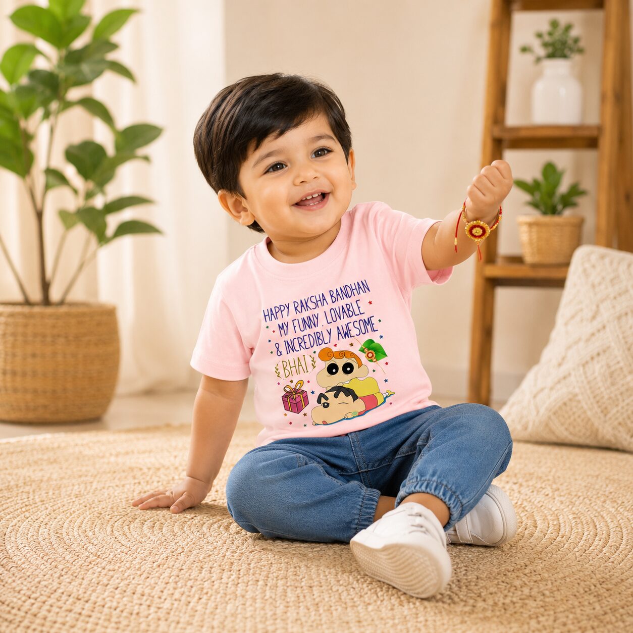 Happy Raksha Bandhan Bhai Kids Cotton T-Shirt with Funny Cartoon Rakhi Print