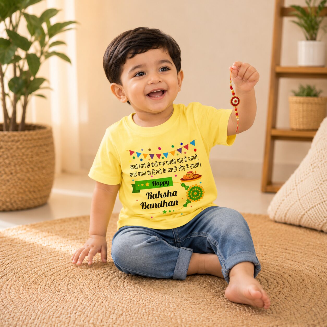 Happy Raksha Bandhan Kids Cotton T-Shirt with Hindi Rakhi Quote Print