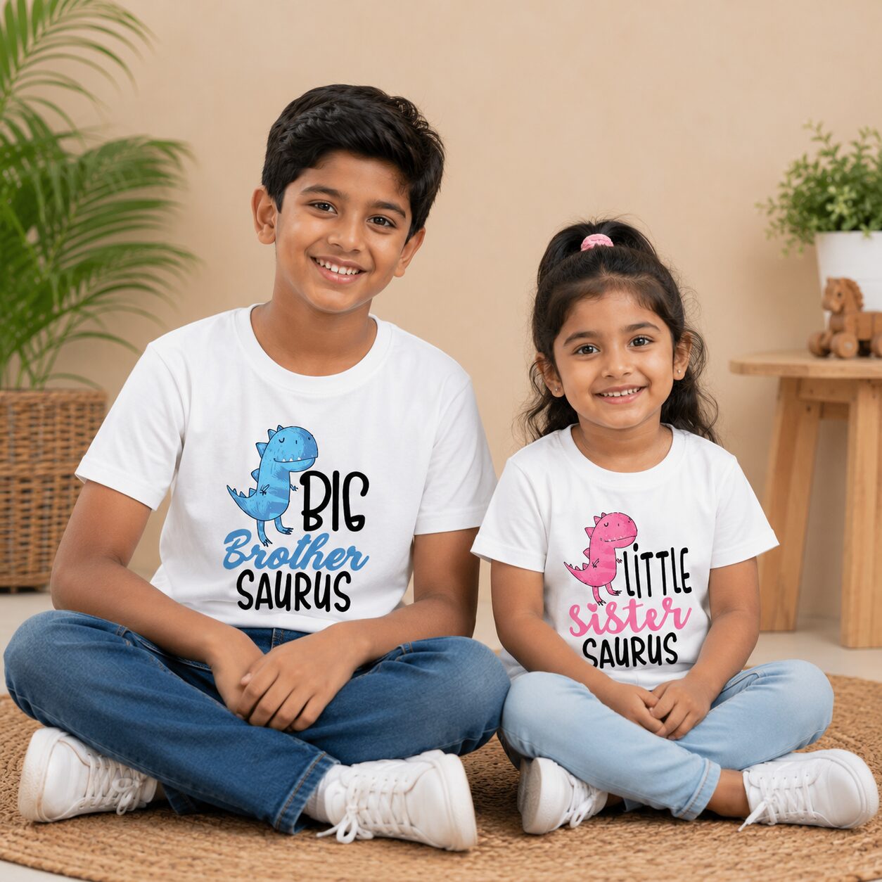 Little Sister Saurus & Big Brother Saurus Matching Kids T-Shirt Combo Pack of 2 | Dinosaur Brother Sister Cotton Half Sleeve White T-Shirts | Sibling Rakhi Outfit | Babywish