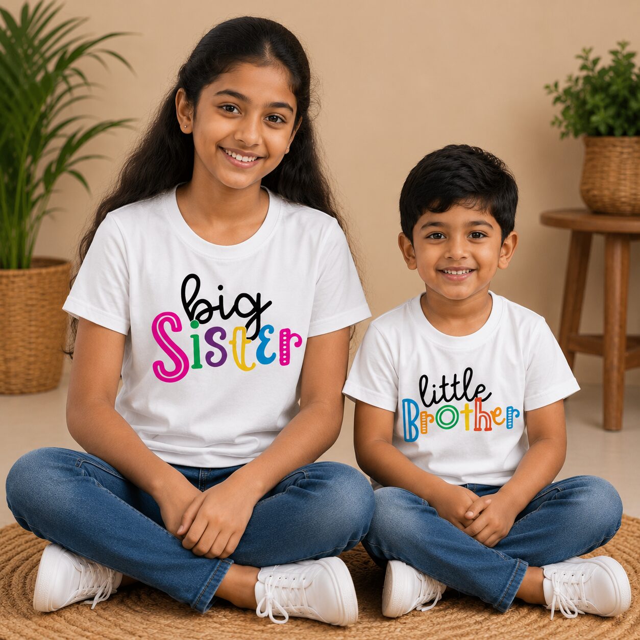 Little Sister Saurus & Big Brother Saurus Matching Kids T-Shirt Combo Pack of 2 | Dinosaur Brother Sister Cotton Half Sleeve White T-Shirts | Cute Sibling Raksha Bandhan Outfit | Babywish