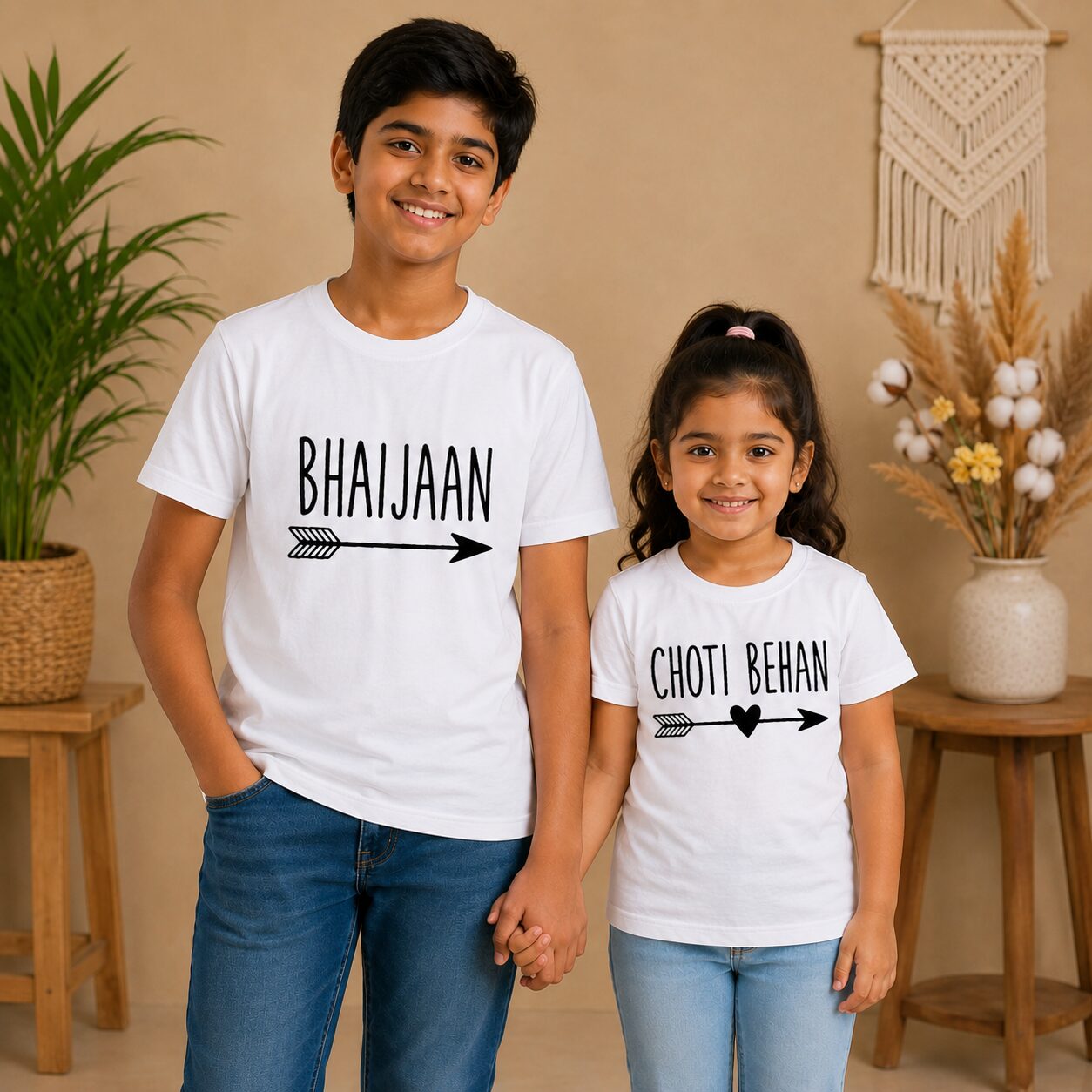 Rakshabandhan Special Combo White T-Shirts for Kids, Brother and Sister Matching Set, Half Sleeve Topwear, Combo Pack of 2, Festive Rakhi Outfit Babywish