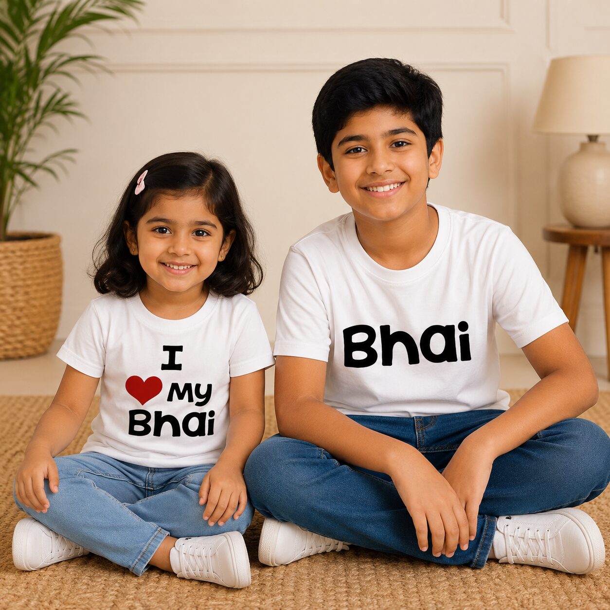 Rakshabandhan Special Combo White T-Shirts for Kids, Brother and Sister Matching Set, Half Sleeve Topwear, Combo Pack of 2, Festive Rakhi Outfit Babywish