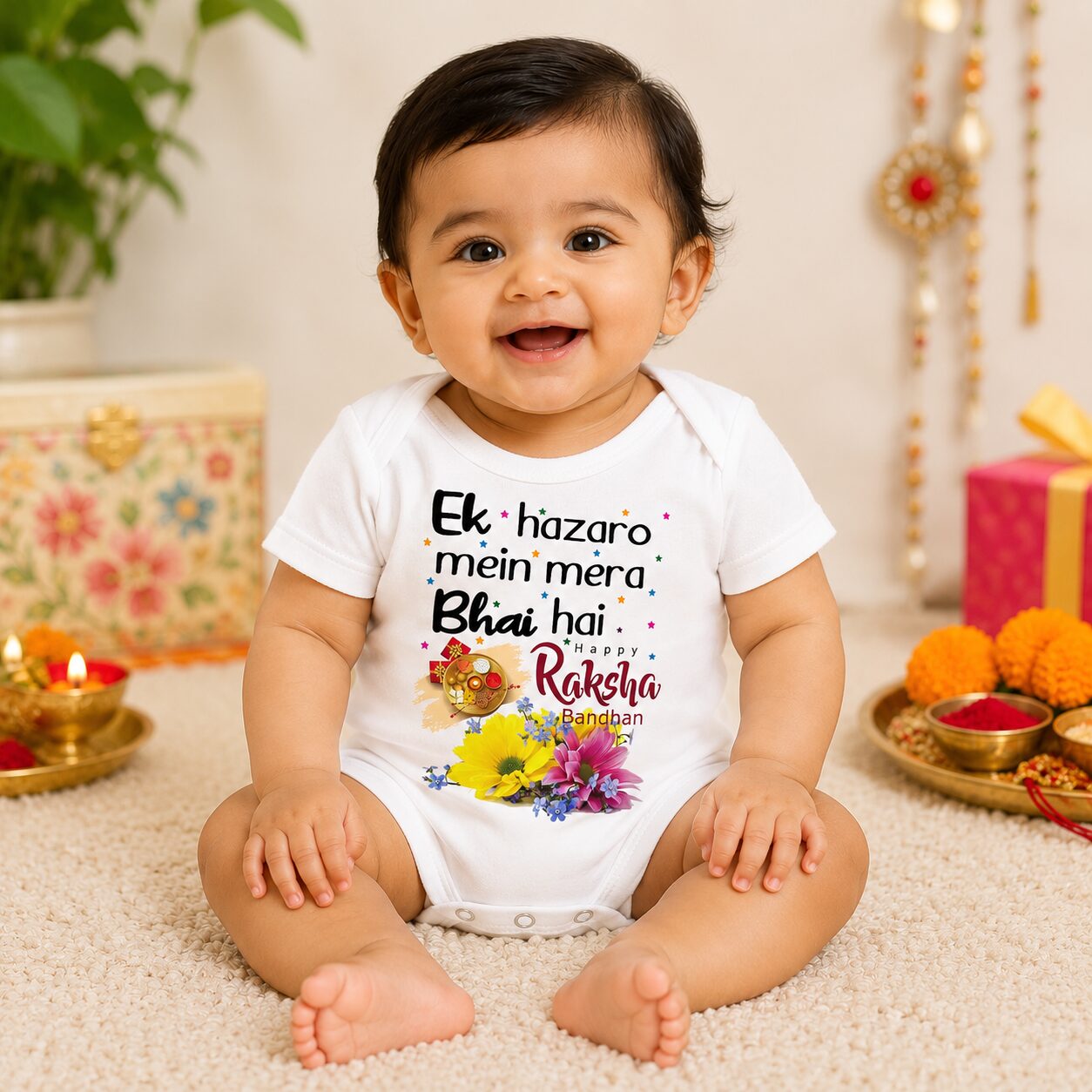 First Rakhi Dress for Baby Girl | Ek Hazaro Mein Mera Bhai Hai Sister Baby Romper | Cute Hindi Printed Raksha Bandhan Onesie for Newborn Girls | Babywish
