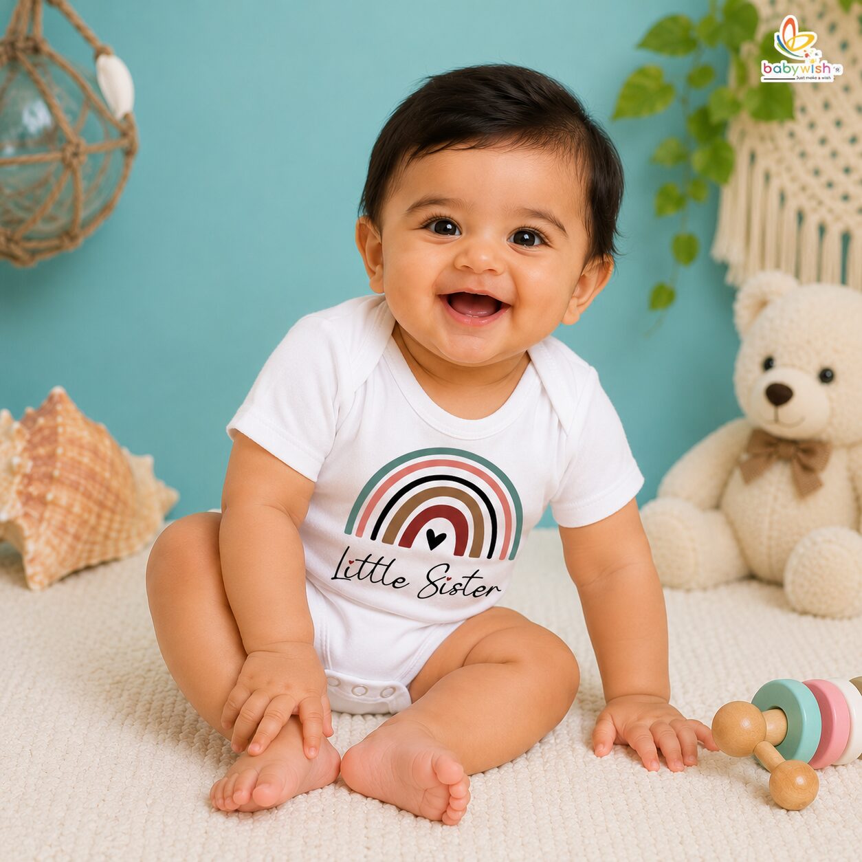 Little Sister Baby Romper for Newborn Girls | Cute Little Sister Announcement Baby Onesie | Raksha Bandhan Sister Outfit | Rainbow Print Cotton Baby Girl Romper | Babywish