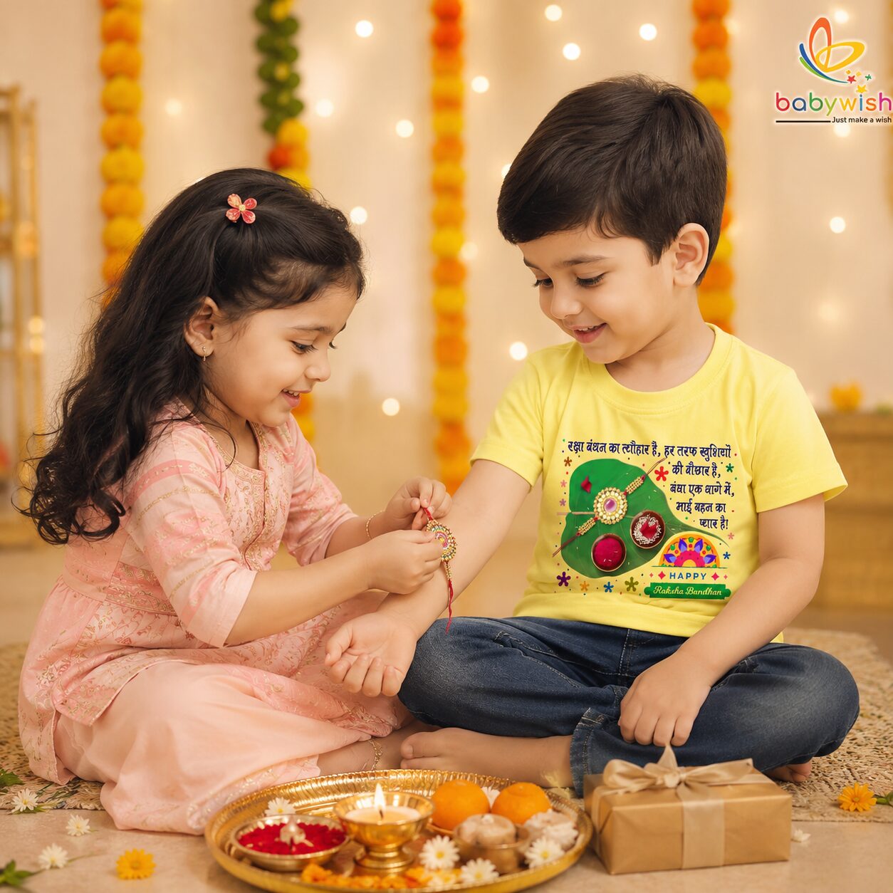 Happy Raksha Bandhan Hindi Quote Kids Cotton T-Shirt with Rakhi Print Babywish