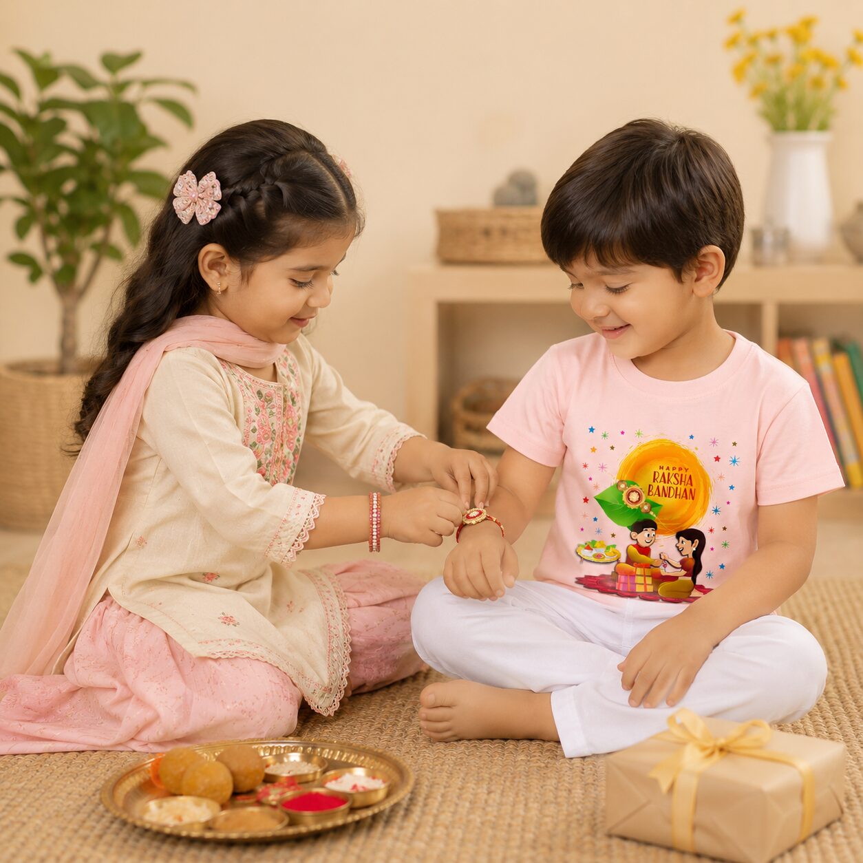 Premium cotton Happy Raksha Bandhan Kids T Shirt featuring adorable brother and sister Rakhi celebration artwork