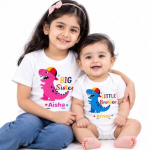 Rakhi Special Personalized Big Sister & Little Brother Dinosaur Matching T-Shirt & Baby Romper Combo | Custom Name Printed Sibling Outfit for Raksha Bandhan | Babywish