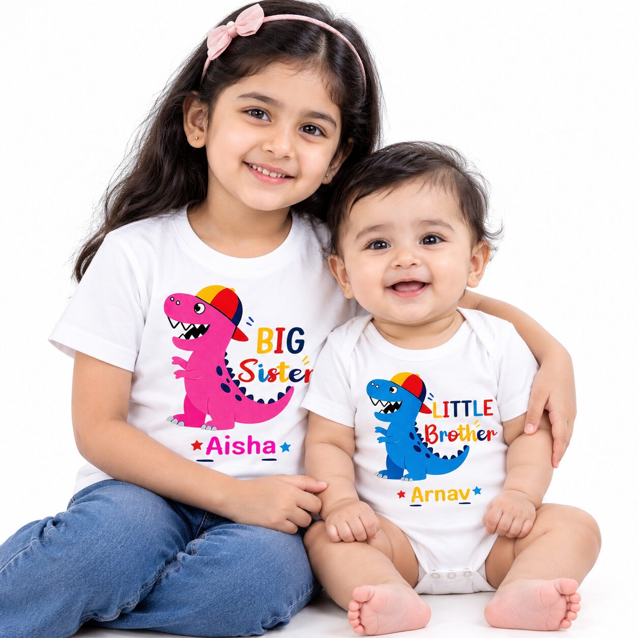 Rakhi Special Personalized Big Sister & Little Brother Dinosaur Matching T-Shirt & Baby Romper Combo | Custom Name Printed Sibling Outfit for Raksha Bandhan | Babywish