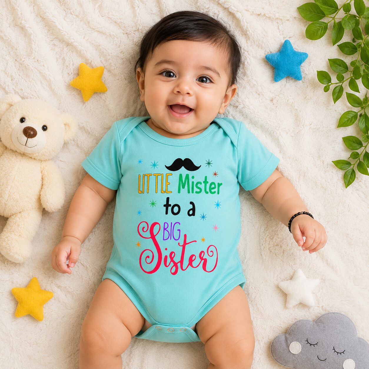 Little Mister to a Big Sister | Printed Baby Boy Half Sleeve Cotton Onesie Bodysuit Romper | Babywish