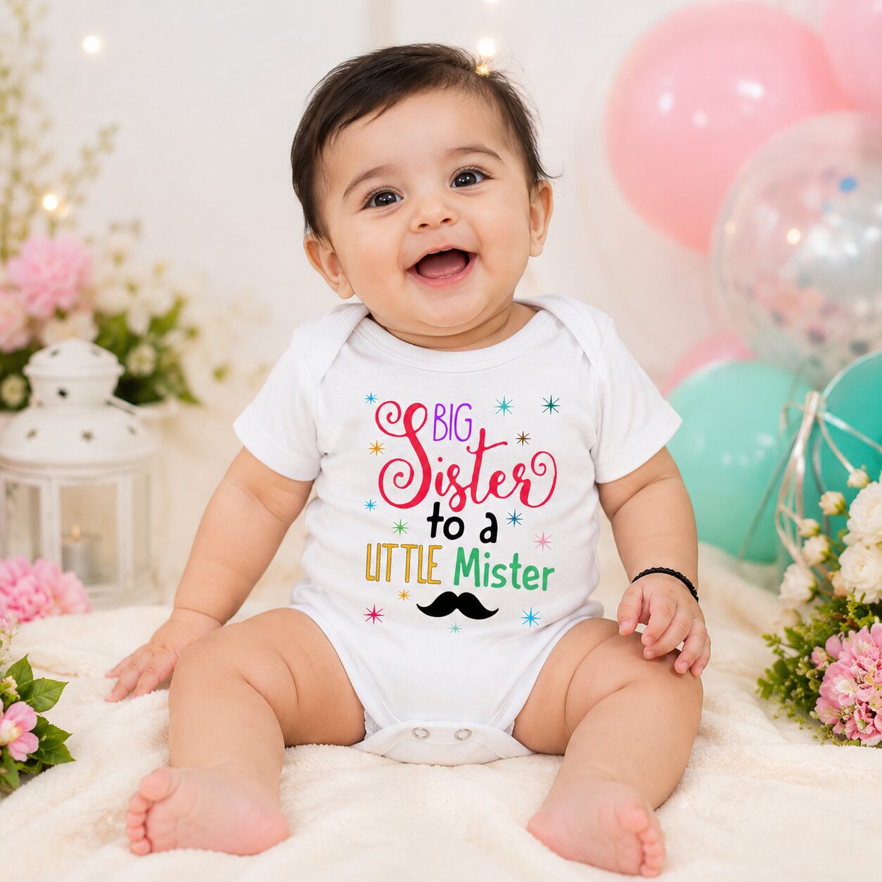 Baby Sister to a Little Mister Printed Baby Onesie | Cute Sibling Announcement Romper | Soft Cotton Half Sleeve Bodysuit for Newborn Baby | Babywish