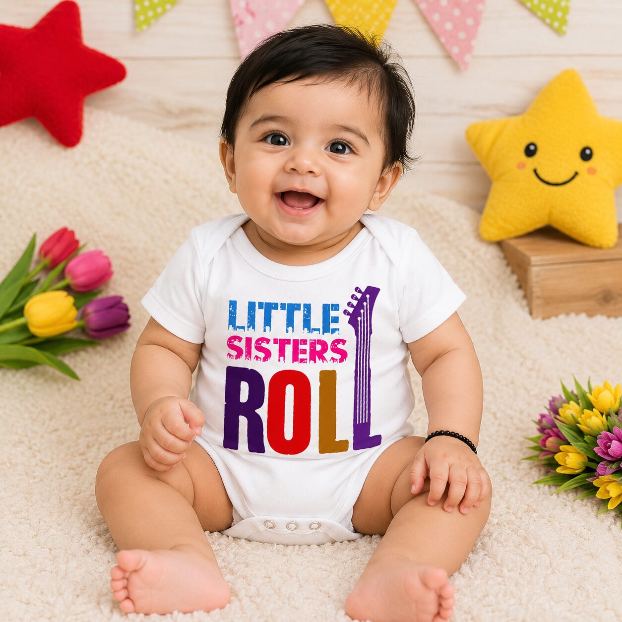 Little Sisters Rock Printed Baby Onesie | Cute Sibling Theme Cotton Baby Romper | Half Sleeve Newborn Bodysuit for Baby Girls | Babywish