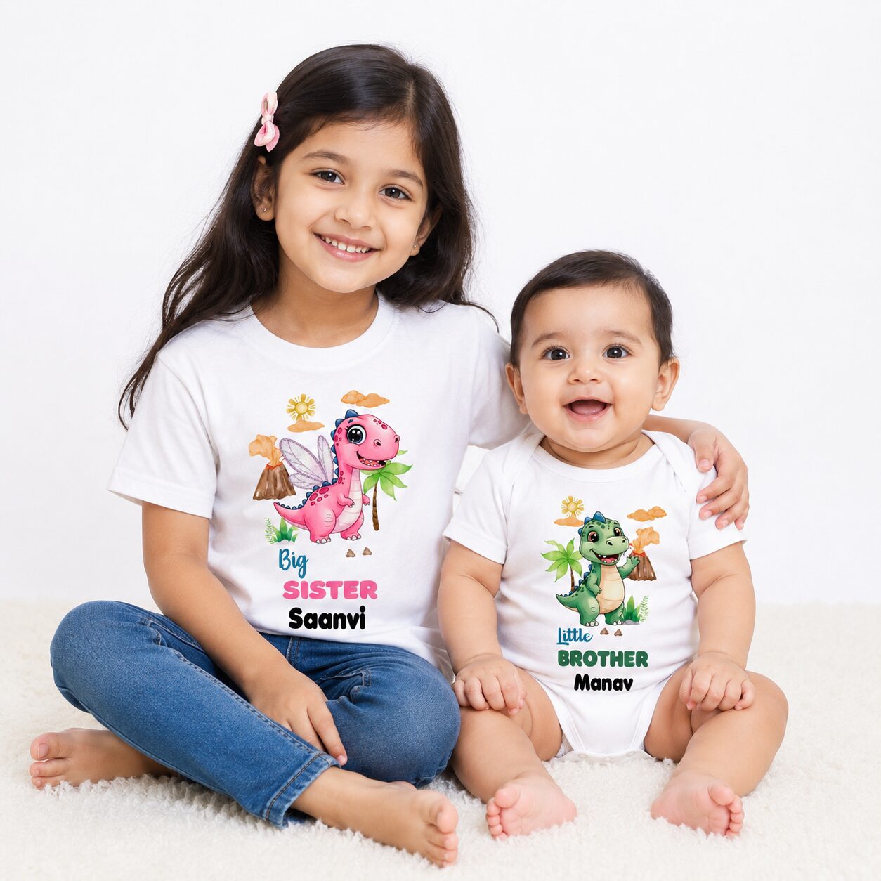 Personalized Raksha Bandhan Big Sister & Little Brother Dinosaur Matching T-Shirt & Baby Romper Set | Custom Name Printed Sibling Rakhi Outfit | Cute Brother Sister Gift | Babywish