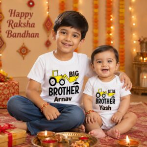 Personalized Raksha Bandhan Big Brother & Little Brother Matching T-Shirt and Baby Romper Set | Custom Name Printed Construction Truck Sibling Outfit | Rakhi Brother Gift | Babywish