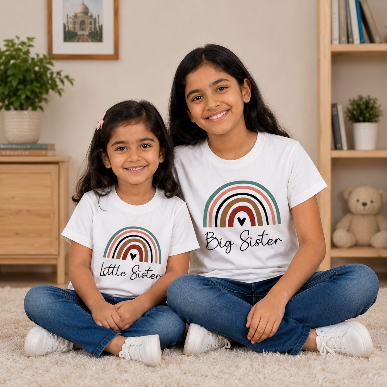 Babywish Big Sister Little Sister Matching Kids T-Shirt Combo | Rainbow Printed Cotton Half Sleeve Tees | White Sibling Outfit Set
