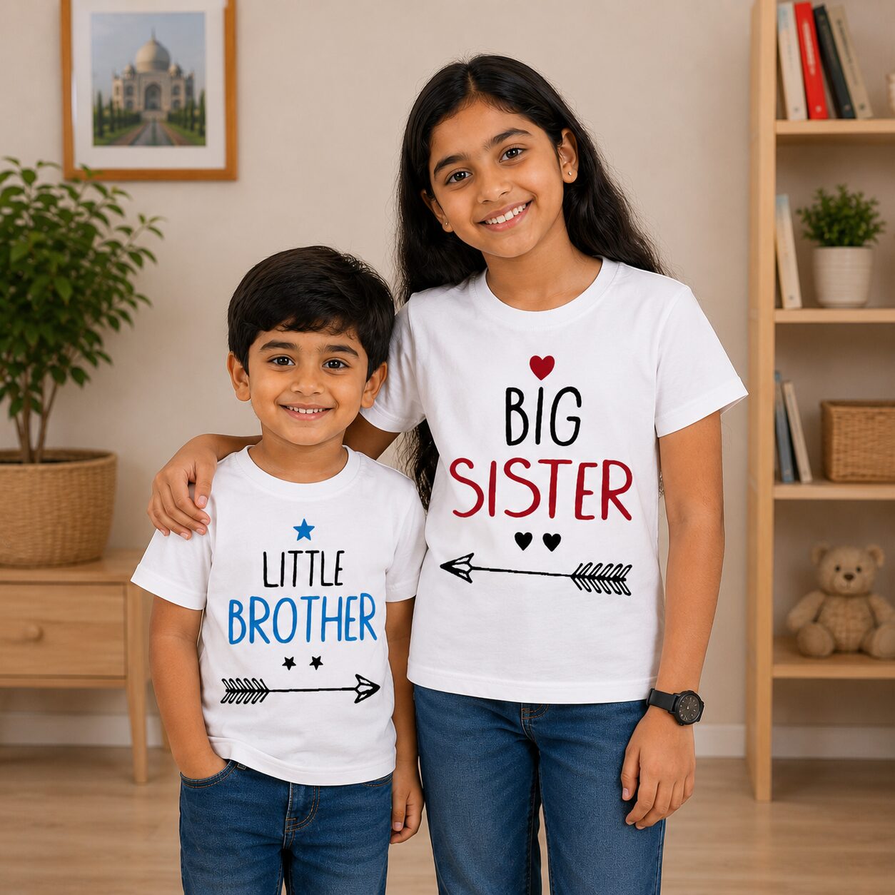 Babywish Big Sister & Little Brother Matching Kids T-Shirt Combo | Heart & Arrow Printed Cotton Half Sleeve Tees | White Sibling Outfit Set