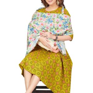 Mother wearing Babywish pastel floral cotton nursing cover during breastfeeding