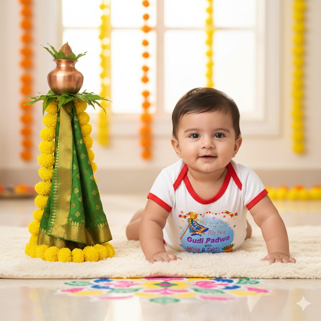 My First Gudi Padwa Baby Cotton Romper with Mom & Dad Print | Soft Festival Wear for Boys & Girls | Age 6-12 Months or 1-12 Years | White, Pink, Sea Green, Lemon | Babywish
