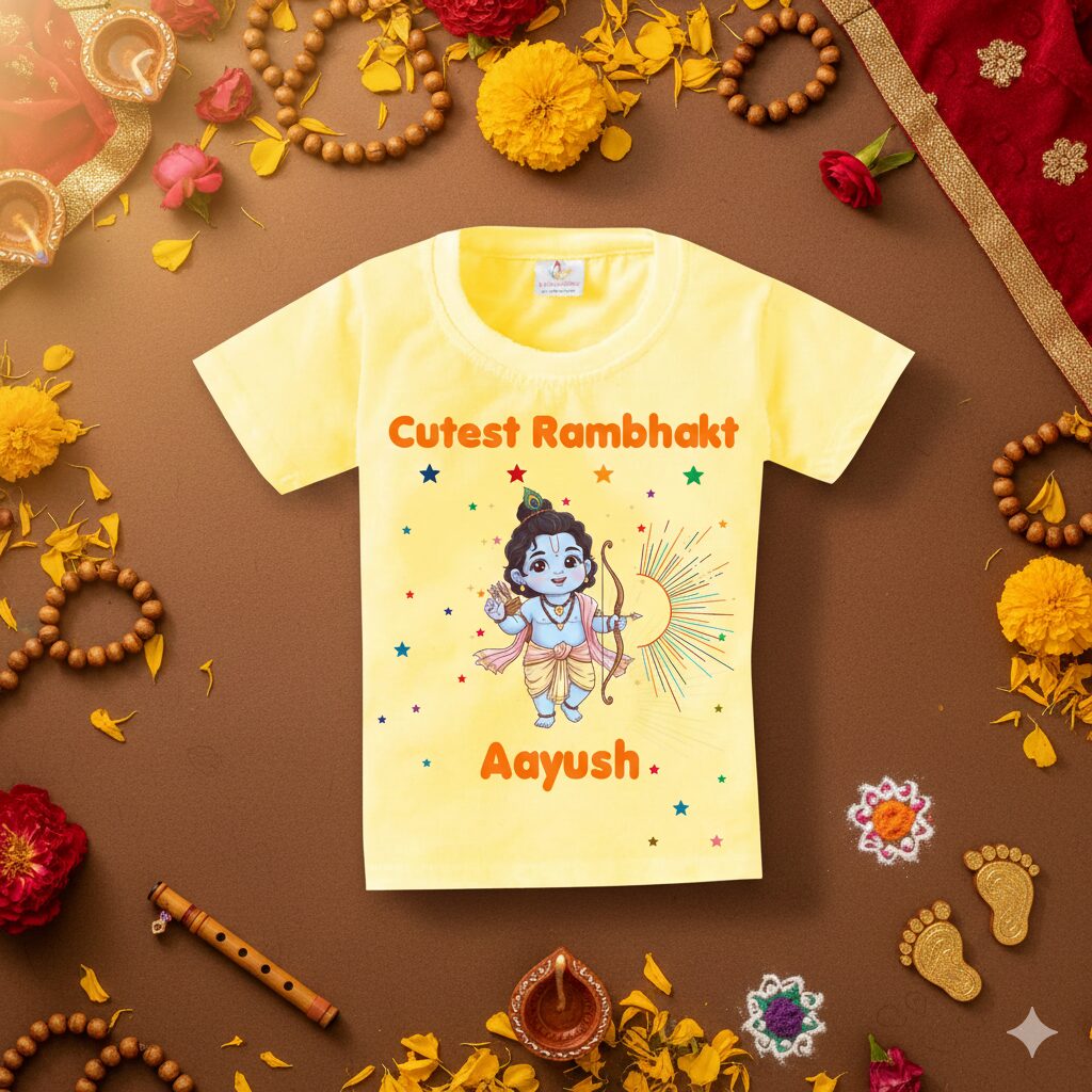 Cutest Rambhakt Baby Kids T-Shirt with Custom Name Cute Lord Ram Cartoon Print Cotton T-Shirt for Boys & Girls Ram Navami Festival Kids Outfit Age 6-12 Months or 1-12 Years Color White, Pink, Sea Green, Lemon, Black – Babywish - Image 11