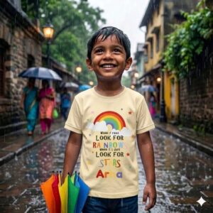 Personalized Rainbow Stars Kids Monsoon T-Shirt for Baby Girls & Boys | Custom Name Printed Cotton Round Neck Half Sleeve Kids T-Shirt for Monsoon Season | Babywish