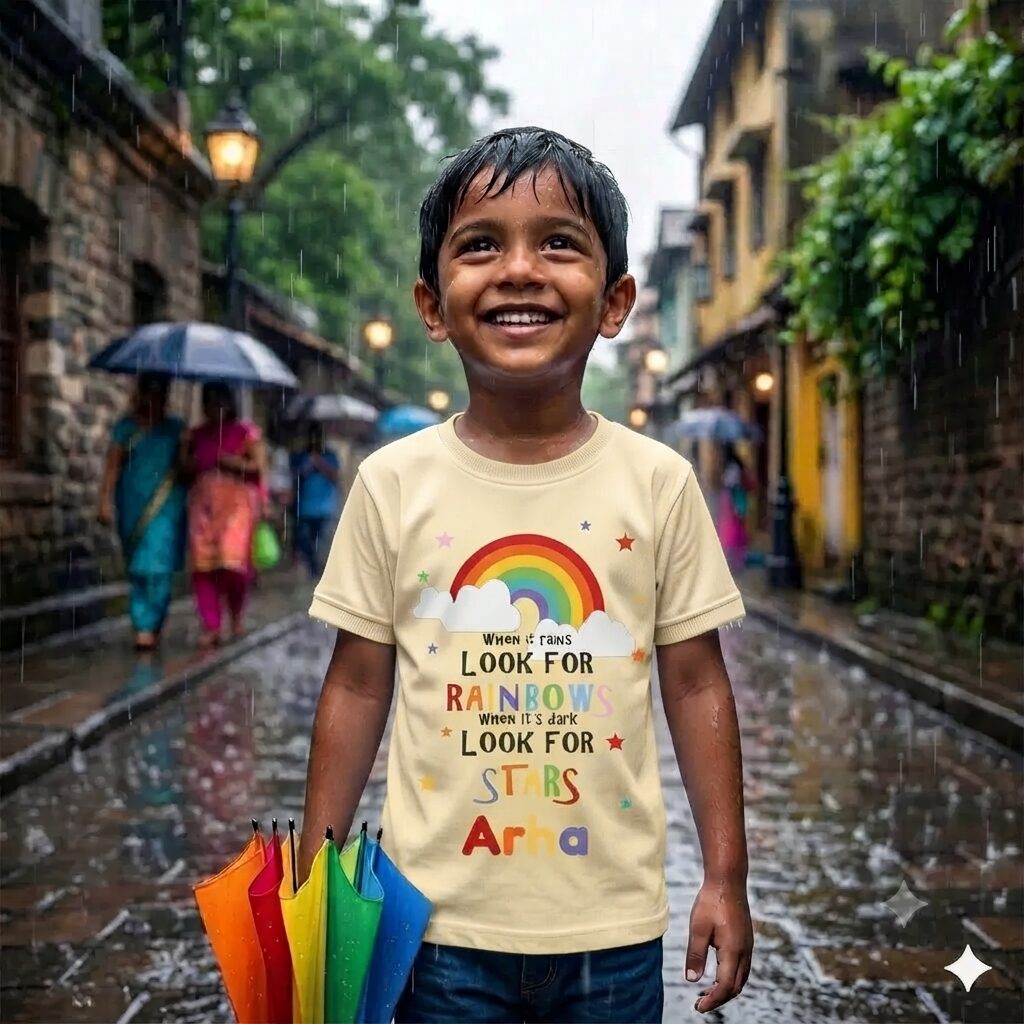 Personalized Rainbow Stars Kids Monsoon T-Shirt for Baby Girls & Boys | Custom Name Printed Cotton Round Neck Half Sleeve Kids T-Shirt for Monsoon Season | Babywish